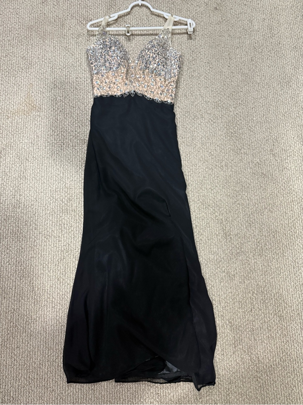 Embellished Black Evening Gown with Silver Bodice